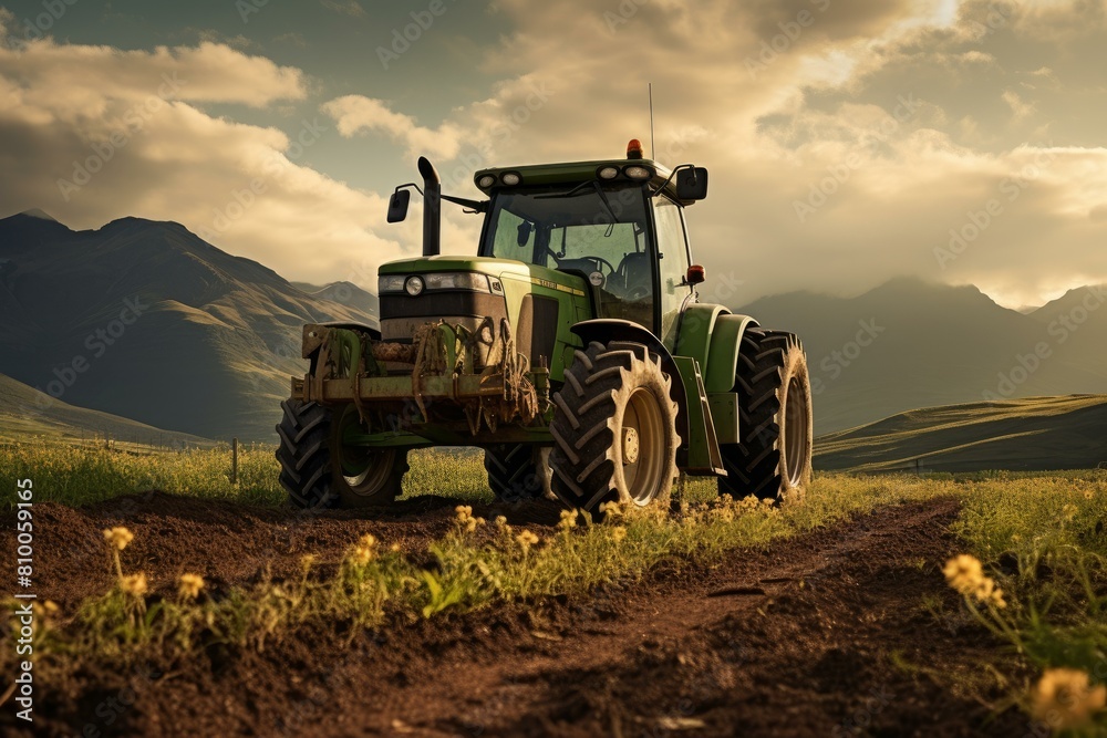 Fototapeta premium Rural Tractor driver field. Field farmer. Generate Ai