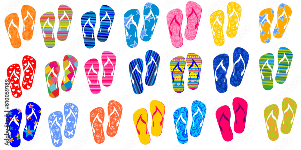 Beach Seamless Background with Flip Flops. Set of colorful flip flops isolated on white background. Collection of design elements. Great for textile print. Horizontal seamless pattern background 