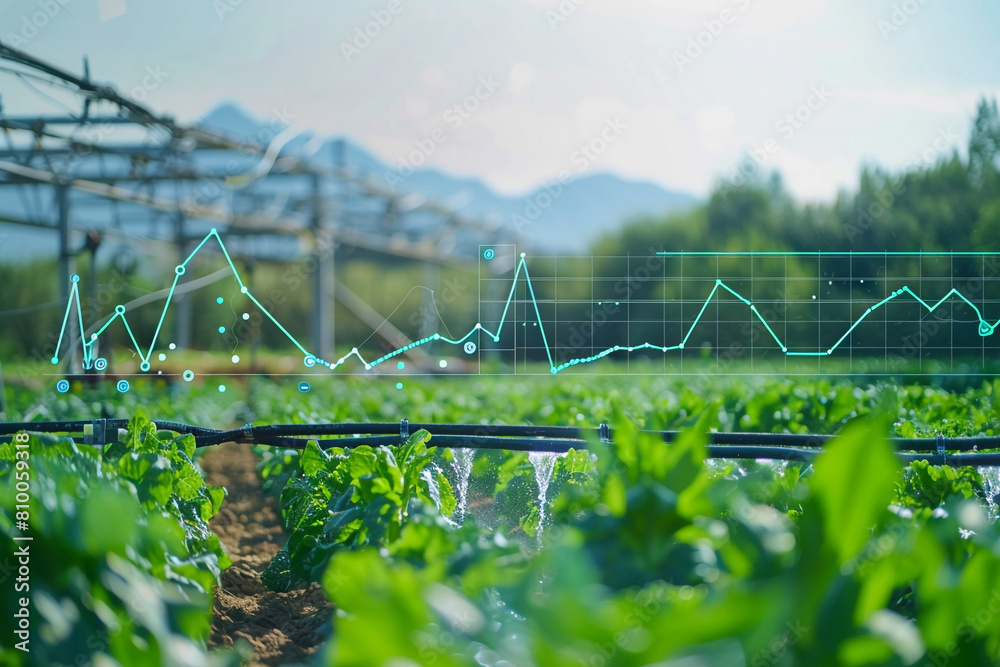 Zoomed-in image of a water conservation system in agriculture, with economic analysis charts of water savings Zoomed-in image of a water conservation system in agriculture, with economic analysis charts of water savings