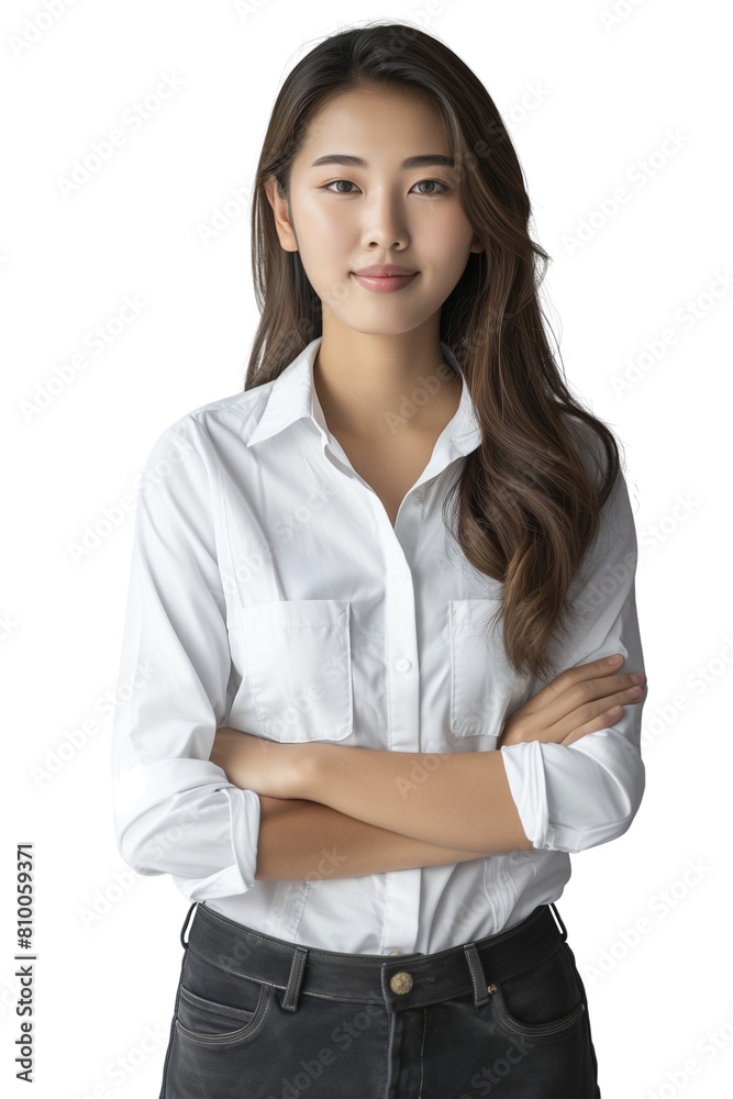 Confident Young Asian Woman in Classic White Shirt and Black Jeans, Arms Crossed, Professional Look on transparent background, png Confident Young Asian Woman in Classic White Shirt and Black Jeans, Arms Crossed, Professional Look on transparent background, png
