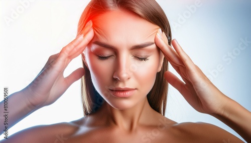 Frau drückt auf ihre Schläfe, Kopfschmerzen Drücker Punkt. photo