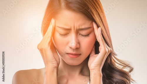 Frau drückt auf ihre Schläfe, Kopfschmerzen Drücker Punkt. photo