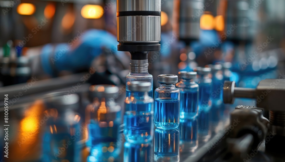 A row of blue bottles on a conveyor belt. The bottles are filled with a clear liquid A row of blue bottles on a conveyor belt. The bottles are filled with a clear liquid