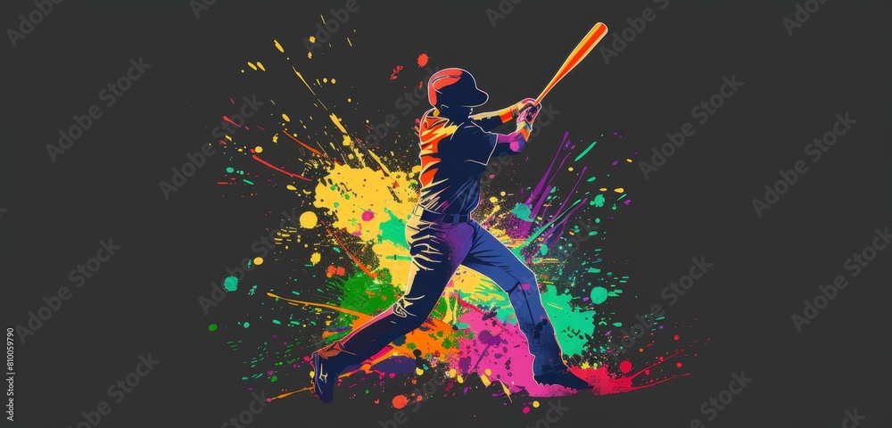 silhouette of a baseball player swinging his bat with paint splashes around him on a black background, colorful design Generative AI