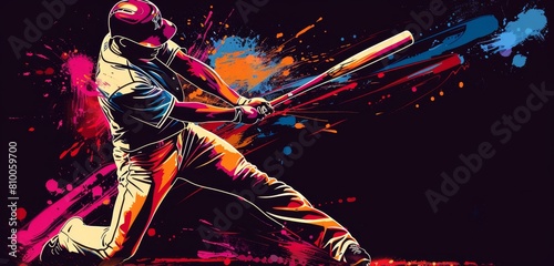 A baseball player in action, hitting the ball with his bat The background is dark and splattered with colorful paint Generative AI photo