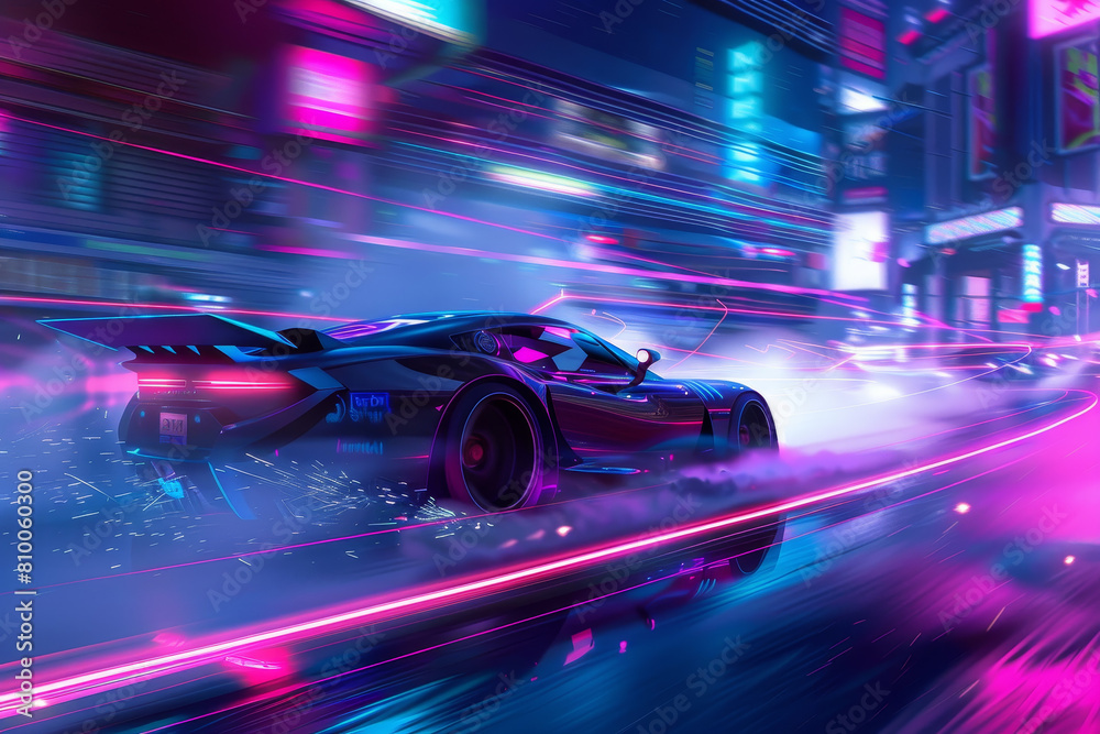 A car is driving down a road with a bright blue sky in the background A car is driving down a road with a bright blue sky in the background