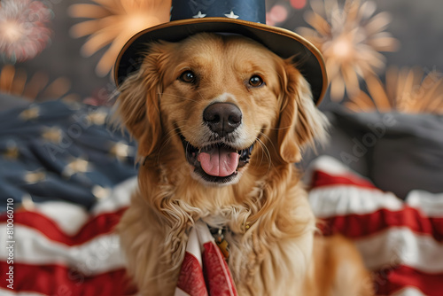 Funny patriotic dog in hat with American flag and fireworks on background, 4 July Independence Day celebration.