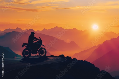 A person riding a motorcycle on a scenic mountain road. Suitable for adventure and travel concepts