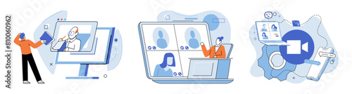 Online meeting. Vector illustration. The concept online meetings encompasses remote work and virtual collaboration Workplace dynamics have shifted with rise online meetings and remote work Networking