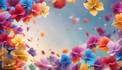 Beautiful view of a ring of colorful rose petals flying in the air