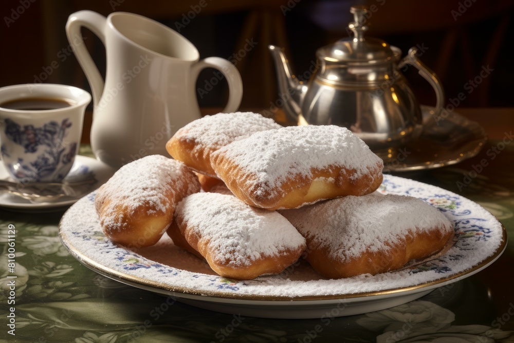Traditional beignets. Sugar dessert food. Generate Ai Traditional beignets. Sugar dessert food. Generate Ai