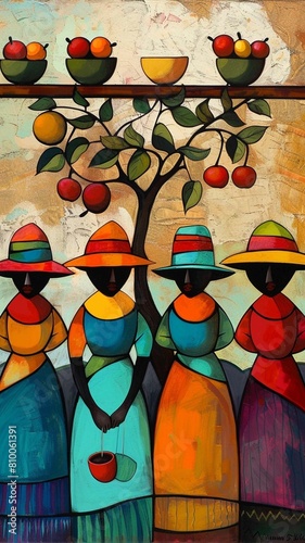 Painting of four women wearing colorful hats and dresses, holding baskets. Latin American Art and Culture Concept