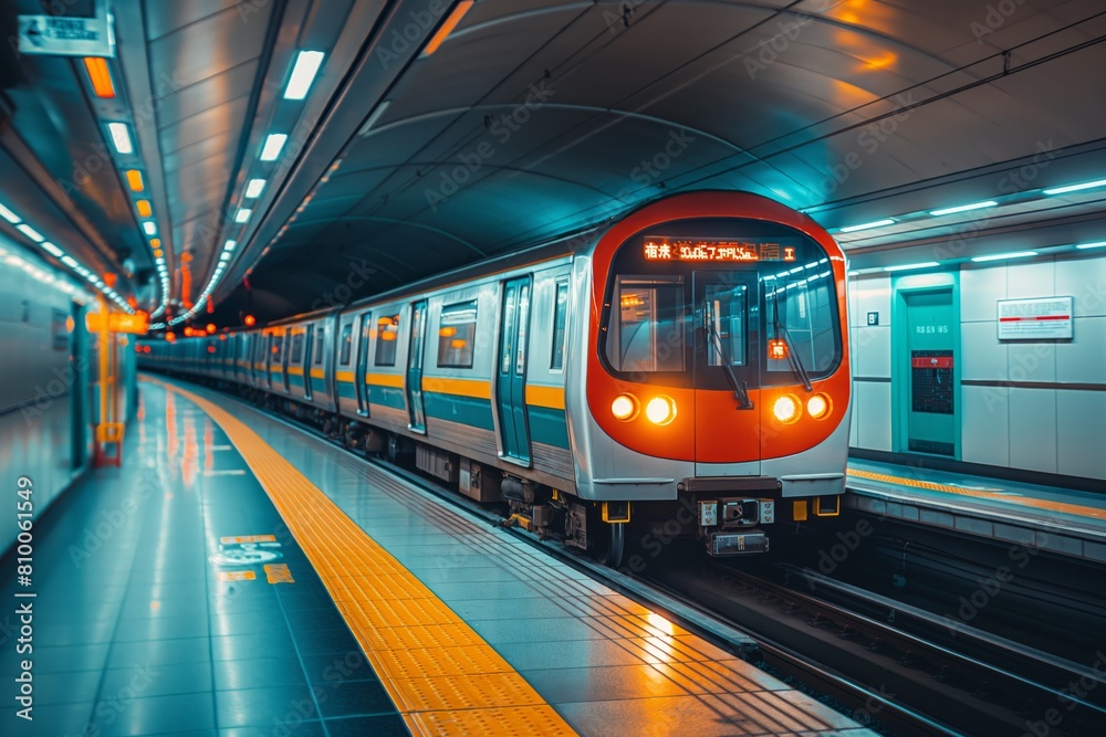 Fototapeta premium Orange train in modern subway station