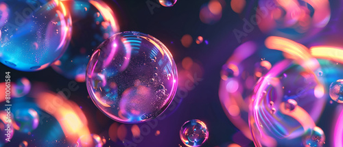Soap holographic bubble background. Iridescent liquid melted glass wallpaper. 3d abstract dark luxury fluorescent background ,colorful abstract background with bokeh defocused lights and water drops photo