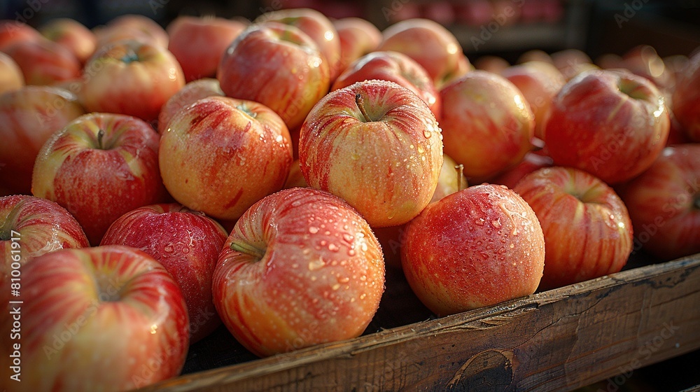   A heap of crimson apples rests beside one another atop a mound of diverse apples, positioned before a mound of additional apples