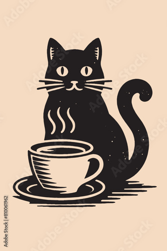 A black cat and a cup of tea and coffee. Vintage staraya vetkor engraved black illustration. Logo, icon, emblem. Isolated object, vertical format. Poster, print