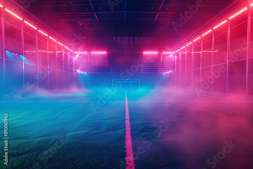 A dynamic soccer field center under neon lights, intense match action, foggy and atmospheric, vibrant and exciting Created Using sports photography style, neon lighting effects, foggy ambiance