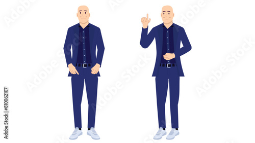 flat character of bald head guy with blue suit blazer outfit happy standing pose