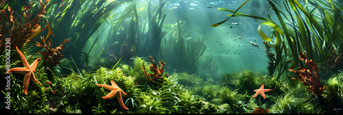 A tranquil scene depicting the biodiversity of a kelp forest, focusing on various species of algae, starfish, and crabs living among the kelp photo