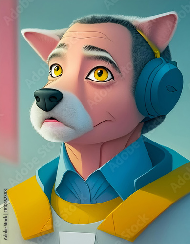 A cartoon dog wearing headphones