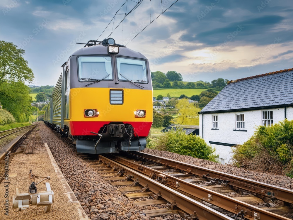 Fototapeta premium a British freight train with a yellow and grey livery, passing through a village on a railway track under a cloudy sky. 