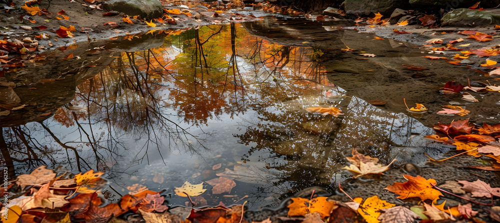 A tranquil scene of a sandy creek bed during autumn, surrounded by fallen leaves of vibrant oranges and reds, reflecting in the still water