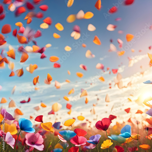 Square image view of colorful rose petals flying to the sky