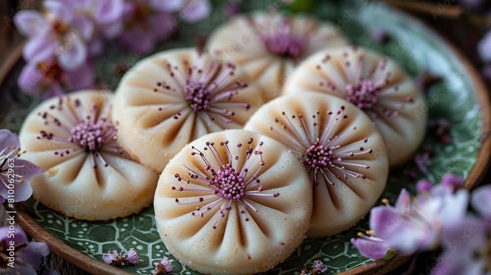   A plate of food with four pieces sits atop a green table amidst purple flowers