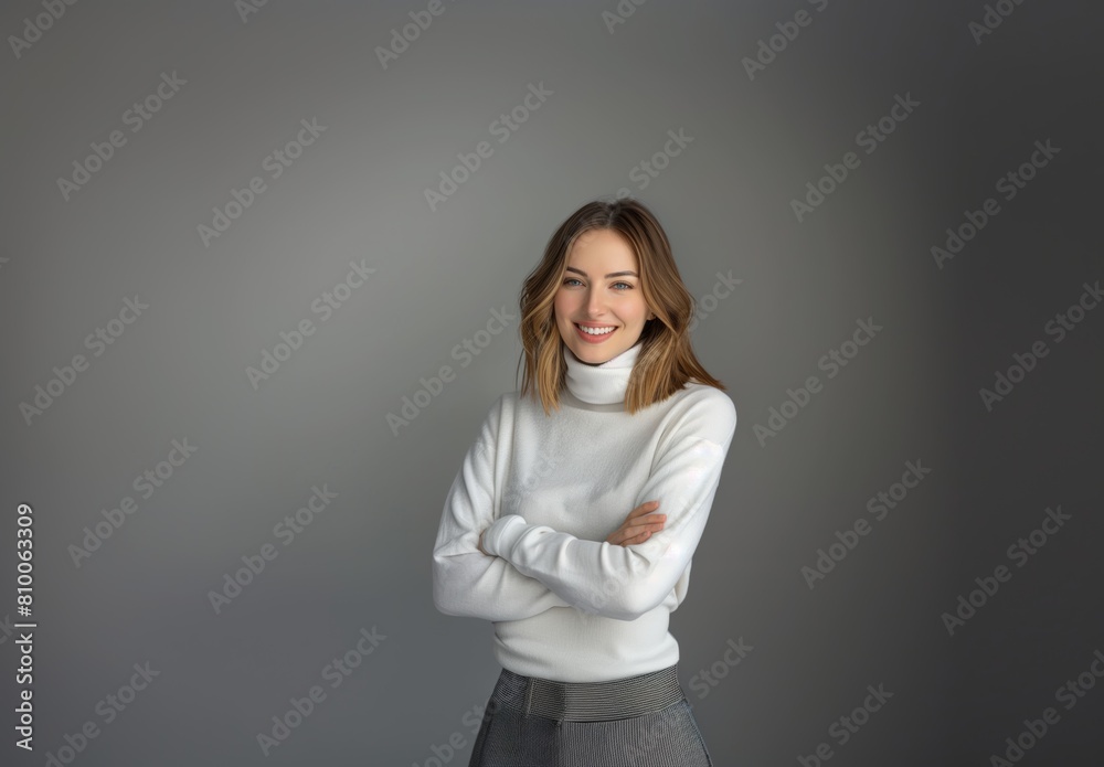 A woman is wearing a white sweater and black pants. She is smiling and has her arms crossed,Young woman beams joy in stylish attire. Banner captures her vibrant energy & positive outlook A woman is wearing a white sweater and black pants. She is smiling and has her arms crossed,Young woman beams joy in stylish attire. Banner captures her vibrant energy & positive outlook