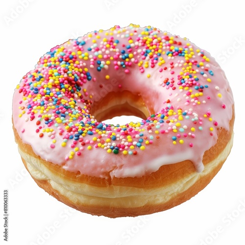 A classic ring donut generously topped with pink frosting and vibrant rainbow sprinkles, isolated on a white background. Ideal for bakery, food, and dessert projects.