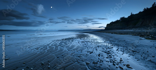 A twilight scene at a coastal watershed with the tide gently coming in, using a low-light camera setting to capture the subtle interplay of light and shadow