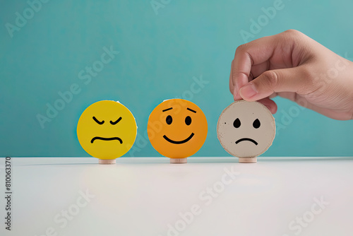 A hand holding a smiley face and sad emoji symbols on a white table against a blue background. A photo concept of positive and negative emotions for customer experience.