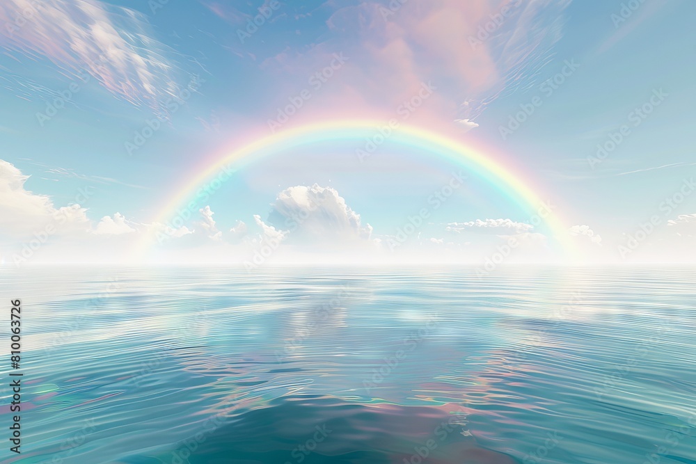 Bright rainbow arching over a serene seascape with wispy cirrus clouds on a soft transparent white backdrop, evoking a sense of hope Bright rainbow arching over a serene seascape with wispy cirrus clouds on a soft transparent white backdrop, evoking a sense of hope