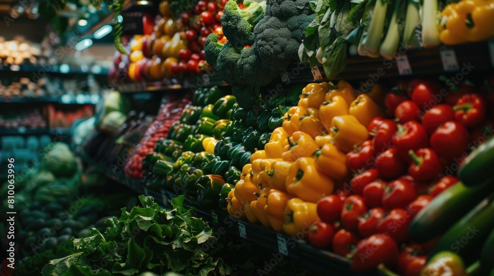 A variety of fresh vegetables in a well-stocked grocery store. Ideal for food and nutrition concepts