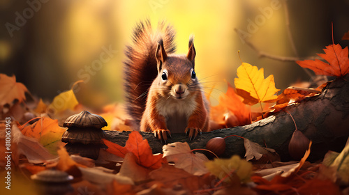 A curious squirrel foraging for nuts amidst the fallen leaves, bringing a touch of whimsy to the jungle scene. photo