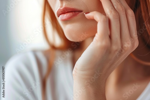 Close up of a woman holding her hand to her face. Suitable for skincare or mental health concepts