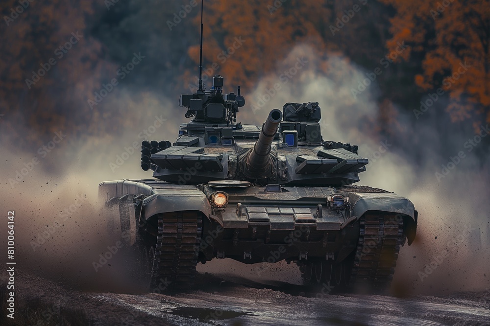 Battle tank rolling through autumn woods
