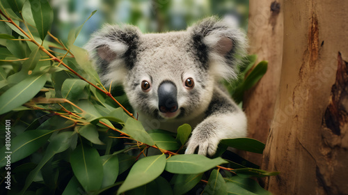 A curious koala peering out from the safety of its eucalyptus tree in the dense jungle.