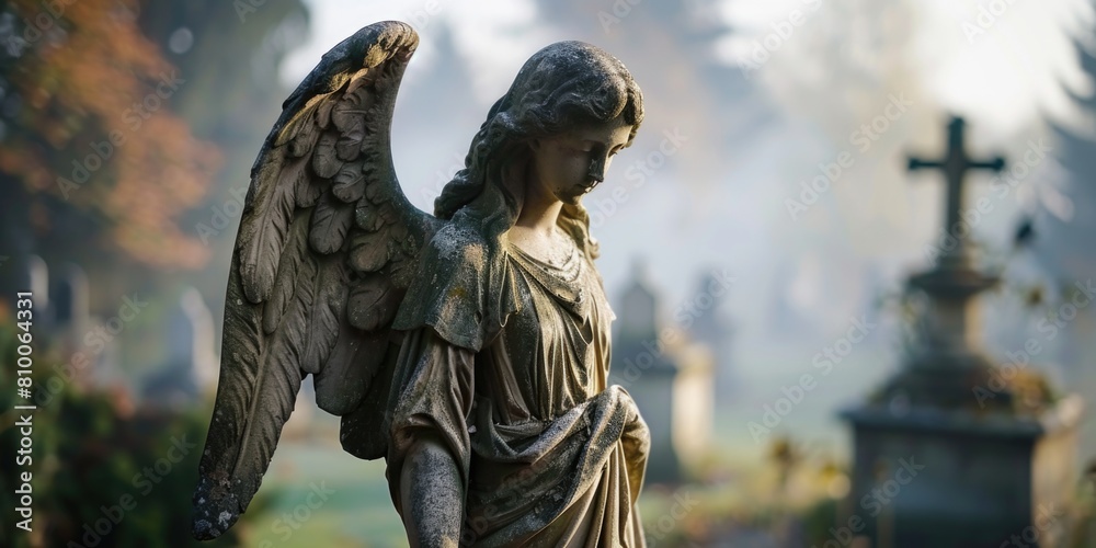 Fototapeta premium A serene angel statue in a peaceful cemetery. Suitable for funeral services or religious themes