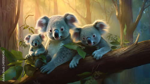 A family of koalas nestled high in the branches of a eucalyptus tree  their sleepy demeanor adding charm to the jungle.