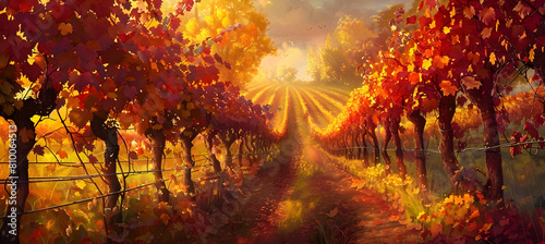 A vibrant autumn scene in a vineyard, with leaves changing colors to fiery reds and yellows among the grapevines