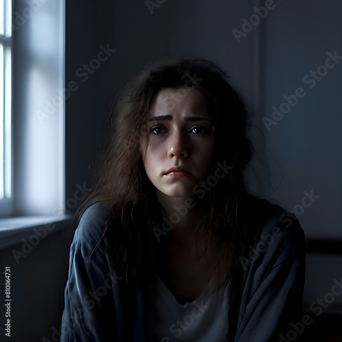 A depressed young woman is alone in a room. Isolated Sorrow A Young Woman's Struggle with Depression