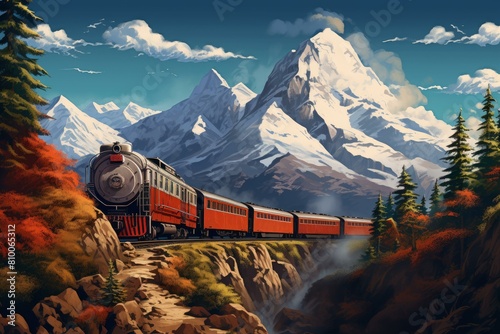 Train mountains. Travel way scenic. Generate Ai