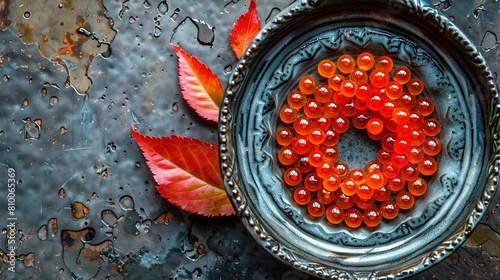   A bowl of red glass beads sits beside a leaf on a metal surface  with droplets of water splashing onto it