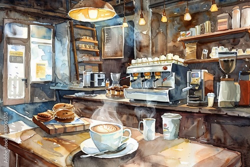 Charming watercolor illustration of a cozy coffee shop with steaming cups of coffee and pastries