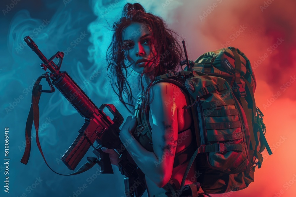 Obraz premium A woman carrying a gun and backpack