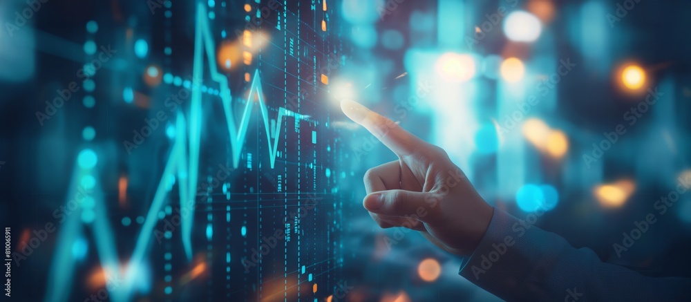 Banner, A hand is pointing at a graph on a computer screen. The graph is a series of lines and curves, and the hand is hovering over it. Concept of curiosity and exploration Banner, A hand is pointing at a graph on a computer screen. The graph is a series of lines and curves, and the hand is hovering over it. Concept of curiosity and exploration