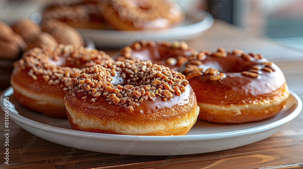   A white plate with three frosted donuts, sprinkled with nuts, placed on a wooden table