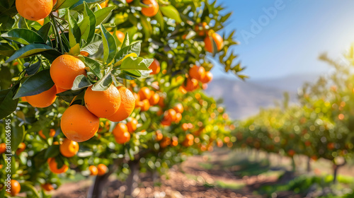 A vibrant orange grove with ripe fruits hanging from the trees, a clear blue sky in the background creating a striking contrast
