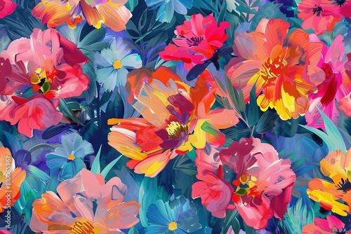 Seamless pattern of flowers. Floral nature background. Expressive style of oil painting. 